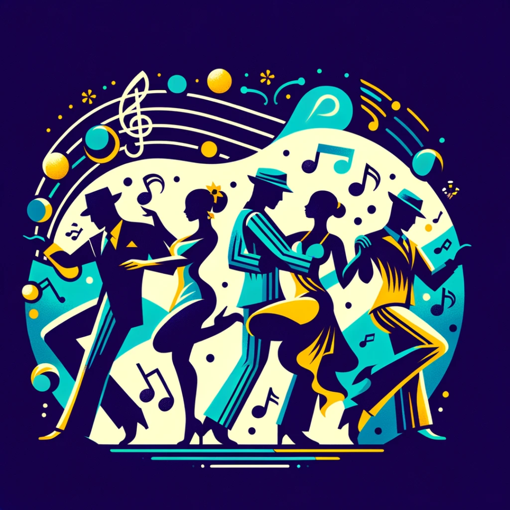 The image captures the essence of salsa and bachata dances with dynamic figures in motion, musical notes, and embodies the vibrant energy of Latin dance culture.